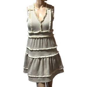Marie Oliver Megan Dress Beige Tiered Frayed Fringe Trim Size 4 Sleeveless